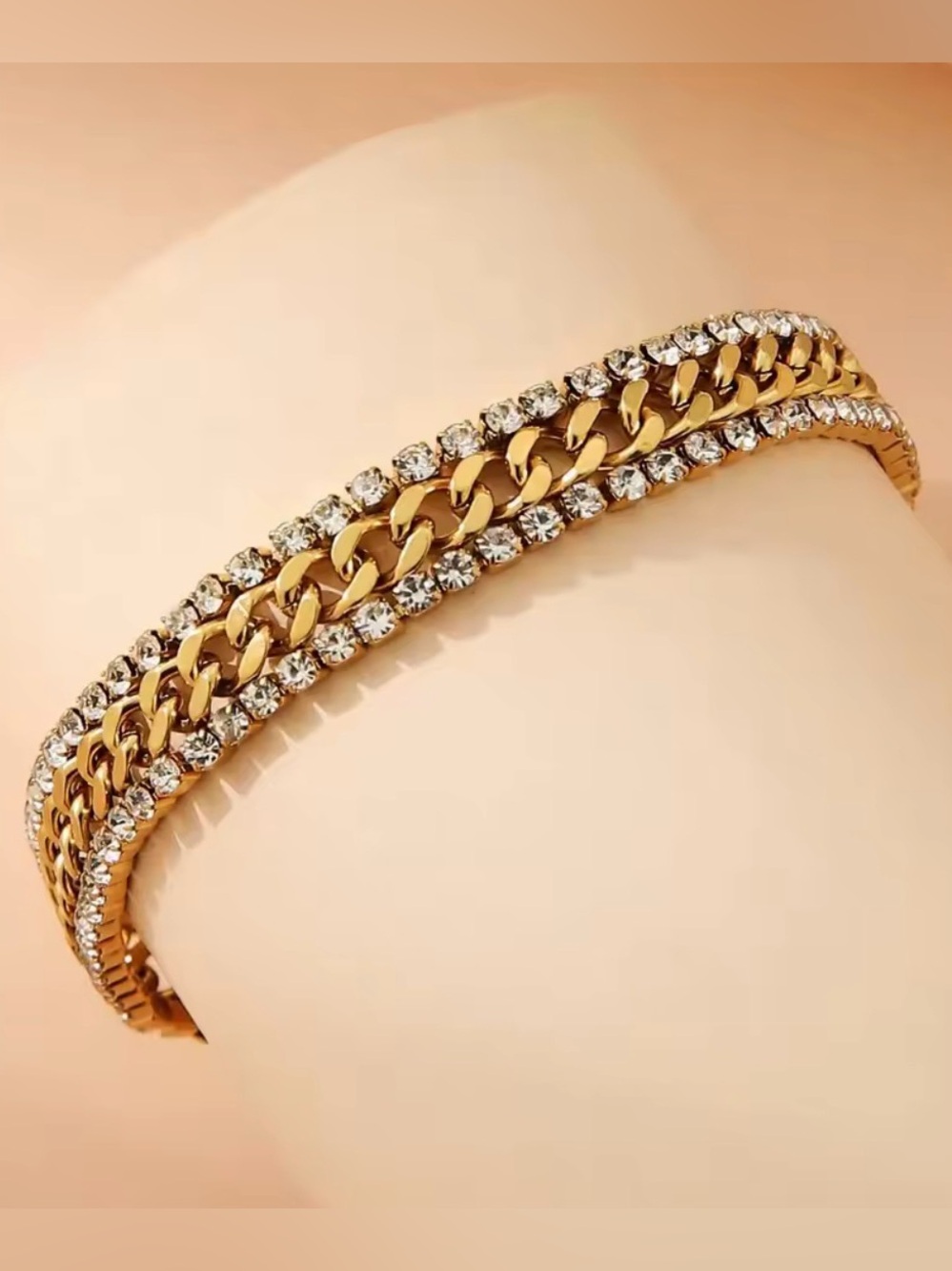 18K Gold Plated Stainless Steel Three Layers Bracelet Shiny Cubic Zirconia